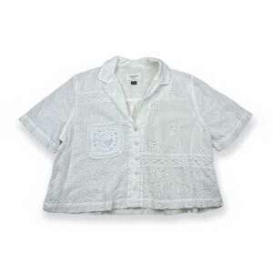 American Eagle Women’s S Petite White Eyelet Button Front Boho Blouse GC